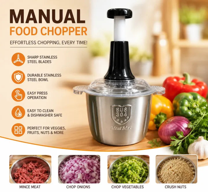 2L Stainless Steel Manual Meat & Vegetable Chopper | 4 Sharp Blades Hand-Push Food Processor for Kitchen