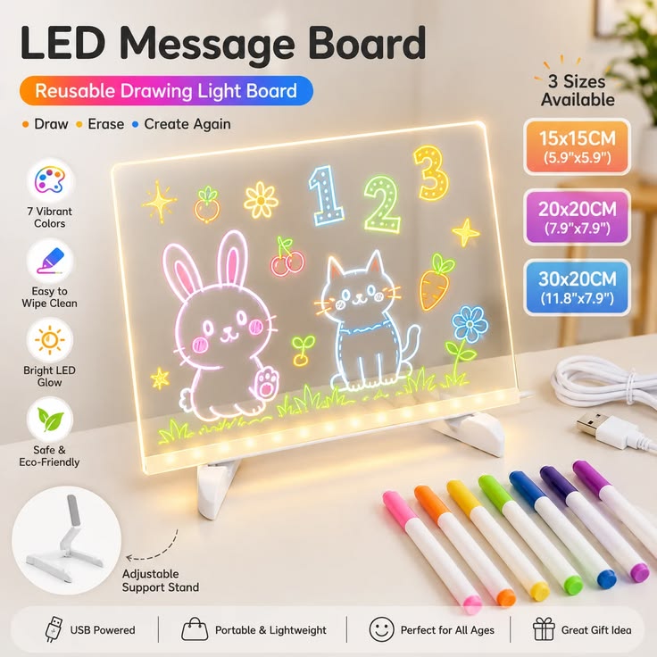 LED Writing Board with 7 Neon Markers